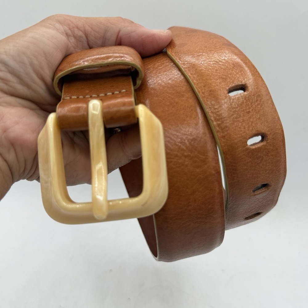 VTG Joan & David Cognac Tan Calfskin Leather Belt Size M Square Resin Buckle 80s